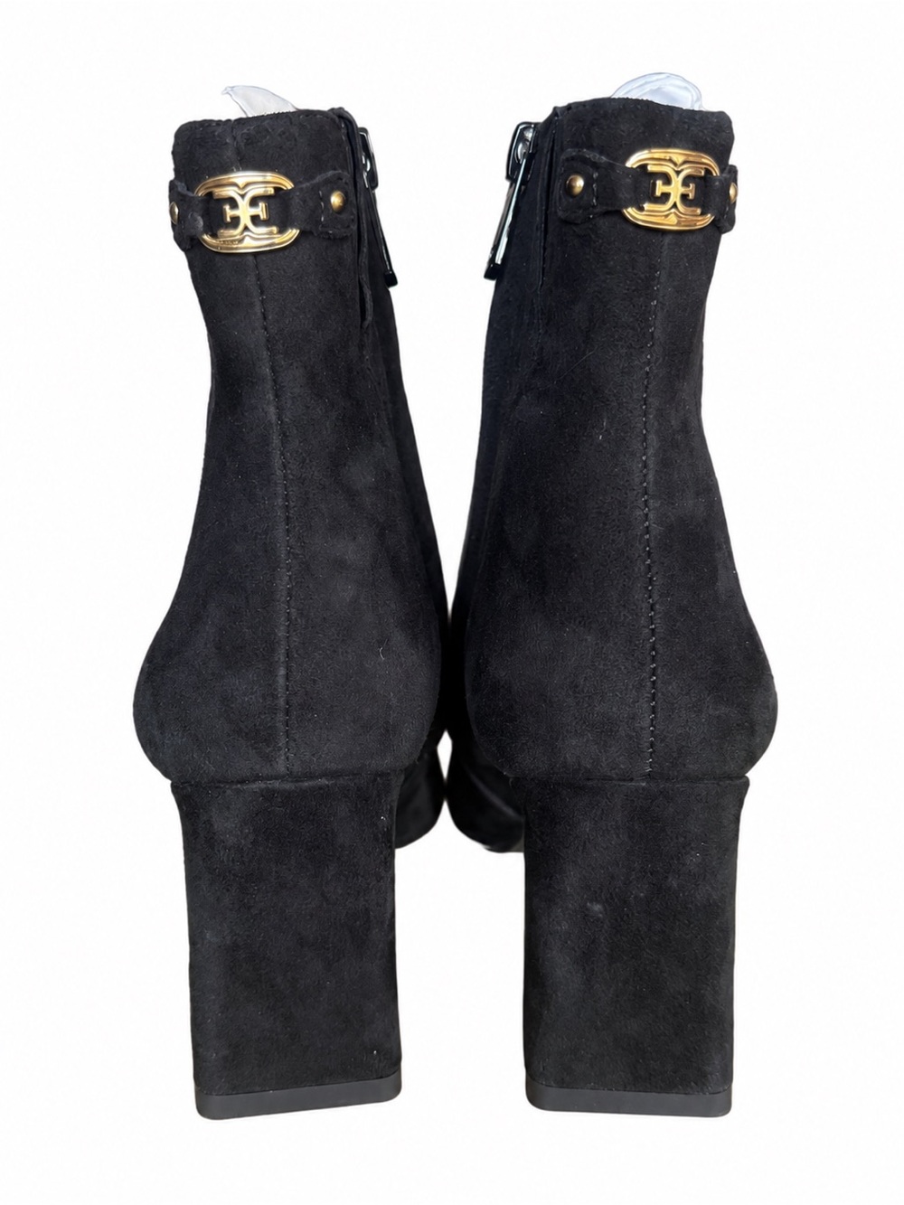 Sam Edelman Black Suede Block Heel Ankle Boots with Gold Accent